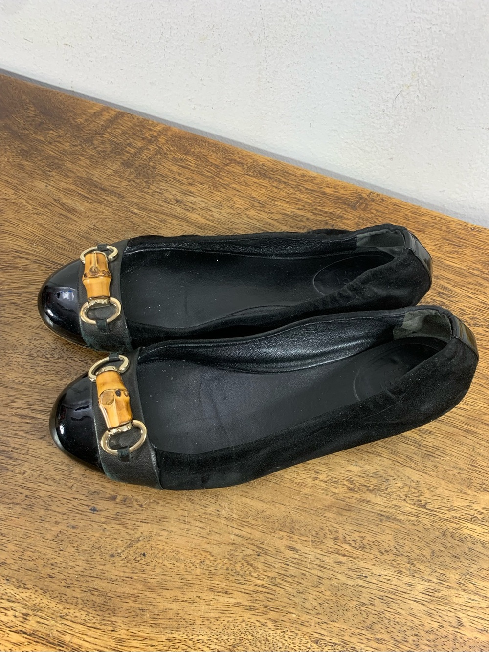 Vintage Gucci Horsebit Banboo Ballet Flats Black Suede Patent Toe size 40.5